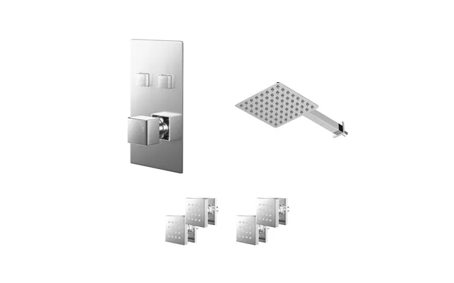 Cubix Polished Push Button Diverter Concealed Thermostatic Shower Valve And Square Head With 345mm Wall Arm And 4 Body J