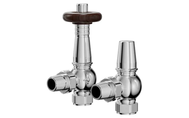 Dias Wooden Head Traditional Thermostatic Angled Radiator Valves Chrome Brass 55mm X 136mm X 86mm