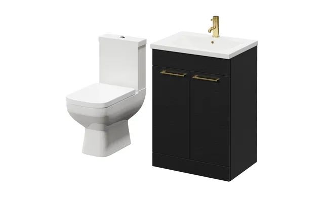 Turin Floor Standing Vanity Unit And Toilet Suite With 1 Tap Hole Basin And 2 Doors With Brushed Brass Handles Nero Oak 
