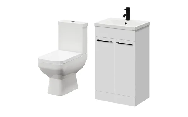 Turin Floor Standing Vanity Unit And Toilet Suite With 1 Tap Hole Basin And 2 Doors With Matt Black Handles Gloss White 