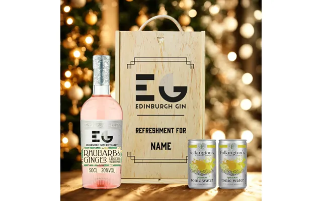 Personalised Wooden Gift Box With Edinburgh Rhubarb & Ginger Gin Liqueur With Folkington's Tonics