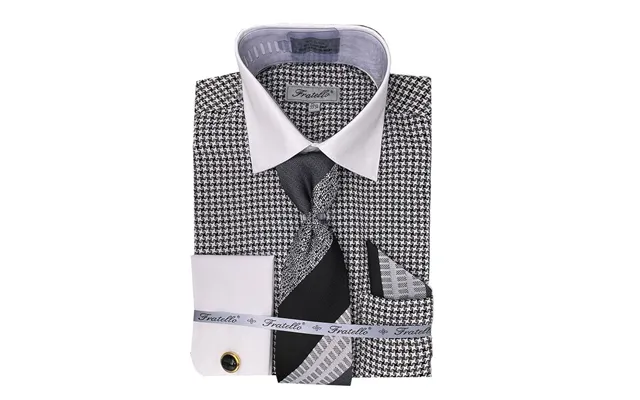 Men's Vintage Style Multi-colored Houndstooth Dress Shirt & Tie Package In Black product image