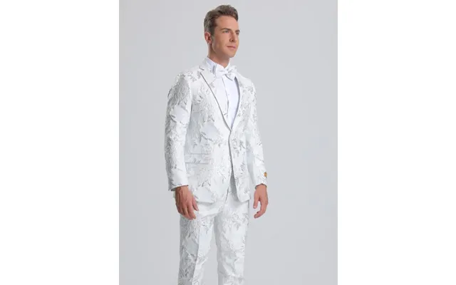 Men's White & Silver Floral Paisley Prom Tuxedo