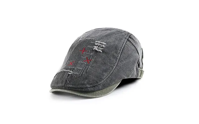 Collrown Denim Beret Hat Vintage Casual Flat Hat For Men Embroidery Patchwork Aged Peaked Cap Outdoor Retro Caps