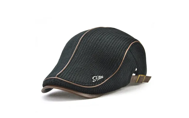 Collrown Knitted Berets Patchwork Leather Brim Men Flat Cap Retro Visor Hat Autumn Winter Warmer Casual Crochet Hat Forw