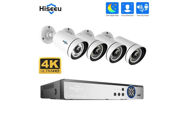 Hiseeu 4k Uhd 4ch 8mp Poe Security Camera Kit Color Night Vision Two-way Audio Humanoid Detection Remote App Viewing Out