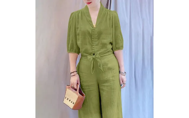 Zanzea Women Summer Daily Two-piece Set Stylish Bubble-sleeve Cotton Linen Top & Wide-leg Pants Casual Set Plus Size