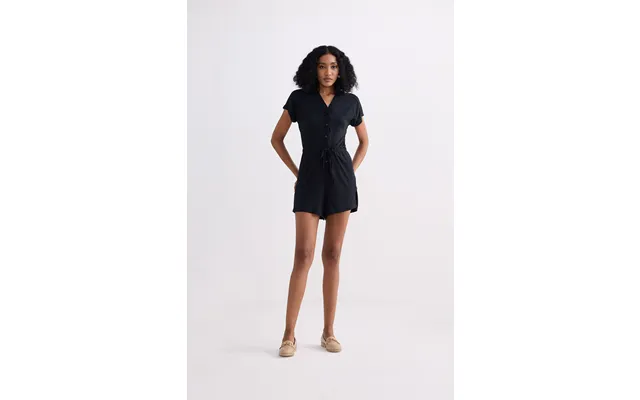V Neck Drawstring Knit Romper In Black Color Black Size 3xl