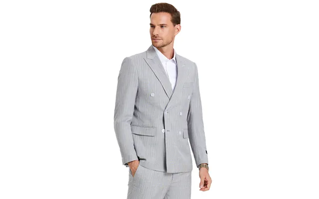 Men's Slim Fit Double Breasted Pastel Grey Pinstripe Summer Suit product image