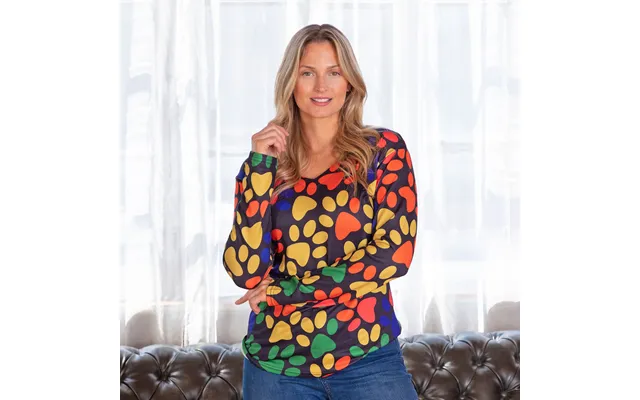 Colorful Paw Print Long Sleeve V-neck Top - M