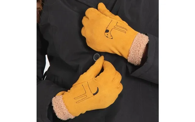 Embroidered Cat & Dog Touch Screen Gloves - Mustard