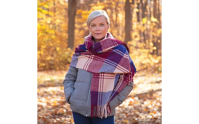 Fluffy Plaid Tassel Trim Scarf - Navy