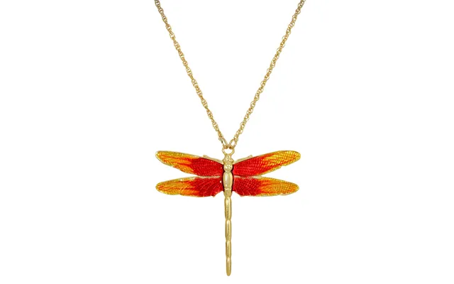 Gold-tone Orange Enamel Dragonfly Pendant Necklace 16 Adj.