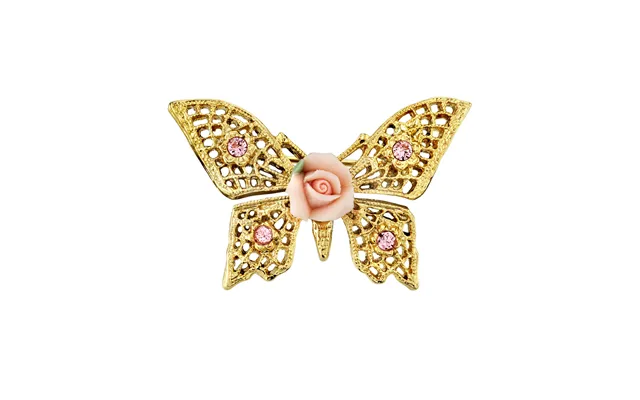 Gold-tone Pink Crystal And Porcelain Rose Butterfly Brooch