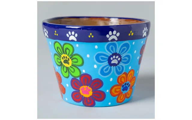 Hand Painted Paws & Flowers Ceramic Small Planter - Blue