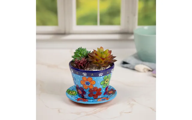 Hand Painted Paws & Flowers Ceramic Small Planter - Blue