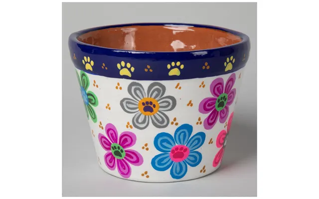 Hand Painted Paws & Flowers Ceramic Small Planter - White