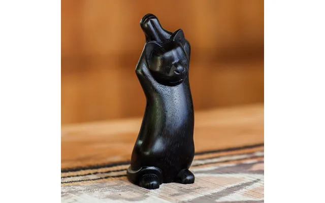 Novica Black Cat Stretch Wood Sculpture