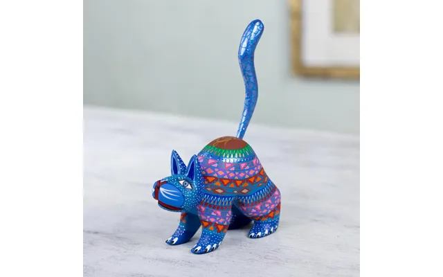 Novica Blue Cat Greeting Mexican Alebrije Cat Sculpture