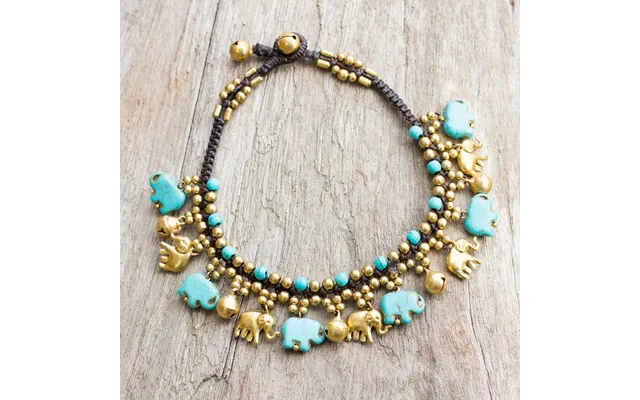 Novica Blue & Gold Beaded Elephant Anklet