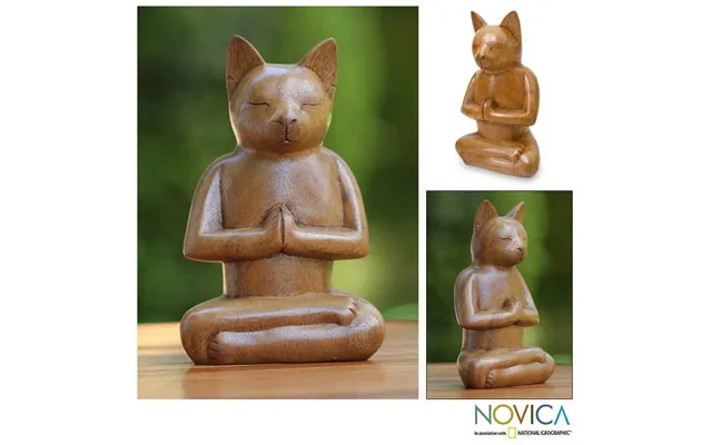 Novica Cat In Meditation Suar Wood Sculpture