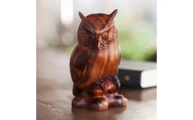 Novica Crested Owl Suar Wood Sculpture