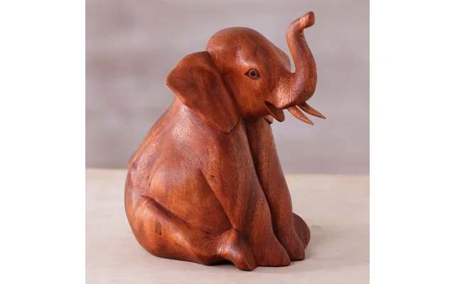 Novica Elephant Child Hand Carved Suar Wood Baby Elephant Sculpture