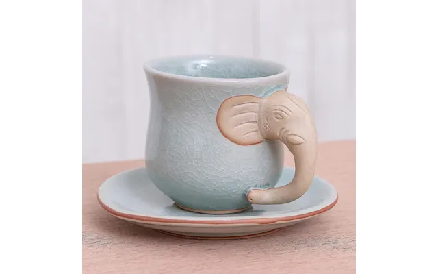 Novica Elephant Gaze Aqua Celadon Cup And Saucer With Elephant Motif