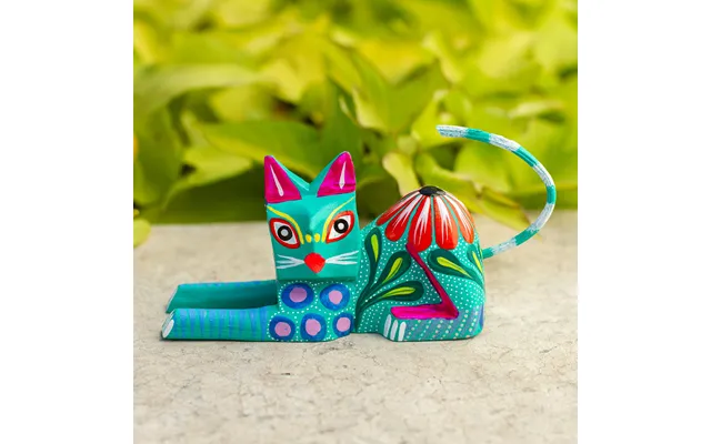 Novica Excited Cat In Teal Copal Wood Alebrije Cat Sculpture In Teal From Mexico