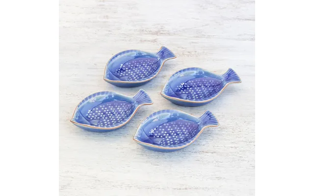 Novica Festive Fish Fish-shaped Blue Ceramic Appetizer Bowls Set Of 4