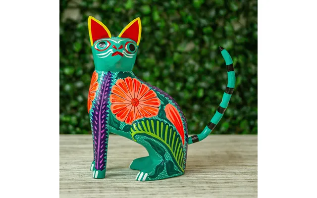 Novica Floral Feline Handcrafted Copal Wood Alebrije Cat Figurine From Mexico