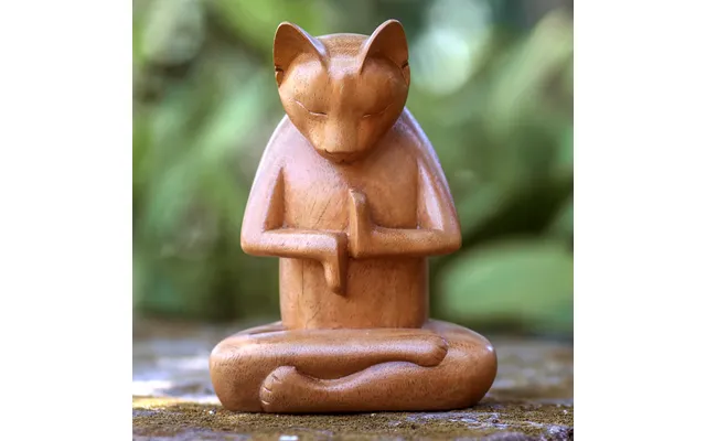 Novica Full Lotus Cat Wood Sculpture