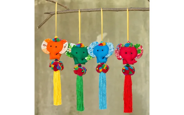 Novica Happy Thai Elephants 4 Artisan Crafted Multicolor Thai Cotton Elephant Ornaments