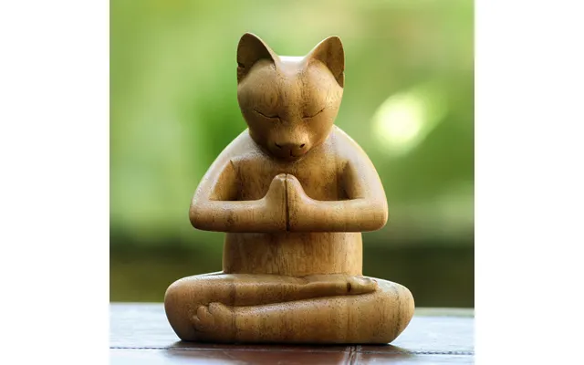 Novica Kitty Cat Prayer Suar Wood Yoga Sculpture