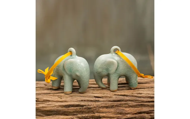 Novica Light Blue Elephant Crackled Green Celadon Ceramic Ornaments Pair