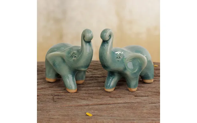 Novica Lucky Blue Elephants 2 Blue Celadon Ceramic Handcrafted Lucky Elephant Figurines