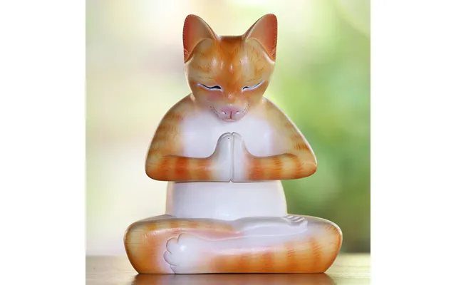Novica Meditating Kitty In Orange Wood Meditating Cat Statuette In Orange And White From Bali