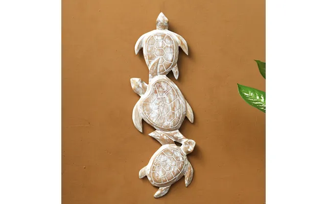 Novica Sea Turtle Trio Antiqued White Wood Turtle Theme Relief Panel Carving