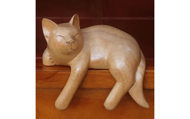 Novica Smiling Cat Relaxes Signed Balinese Tabby Cat Sculpture