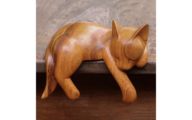 Novica Snoozing Cat Natural Finish Suar Wood Sleeping Cat Sculpture From Bali