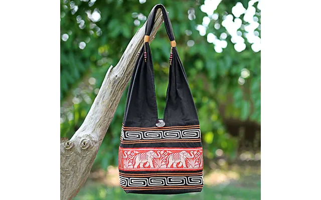 Novica Thai Elephants In Vermilion Cotton Blend Shoulder Bag