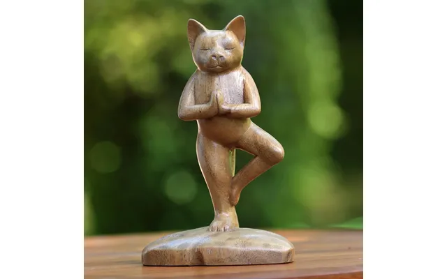 Novica Tree Pose Yoga Cat Original Wood Statuette