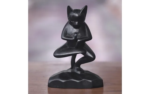 Novica Vrkasana Black Cat Unique Wood Sculpture Of Black Cat In Yoga Pose