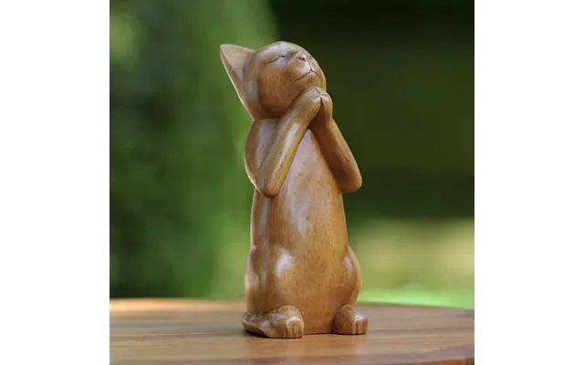 Novica Wishing Cat Suar Wood Sculpture