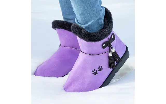 Paw Print Faux Suede Boots With Tassels - Purple