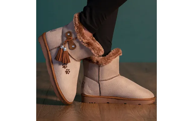 Paw Print Faux Suede Boots With Tassels - Tan