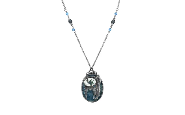 Pewter Cat With Blue Enamel Fishbowl Beaded Necklace 30in