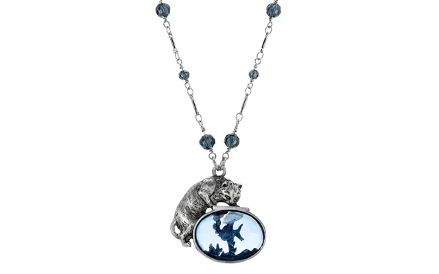 Pewter Silver Montana Blue Beaded Cat And Fish 30 Inches Necklace