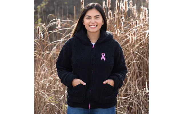 Pink Ribbon Plush Sherpa Fleece Zip Up Hooded Jacket - L
