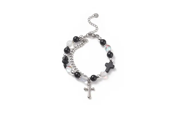 Natural & Synthetic Mixed Stone Beaded Bracelet With Cross Charm